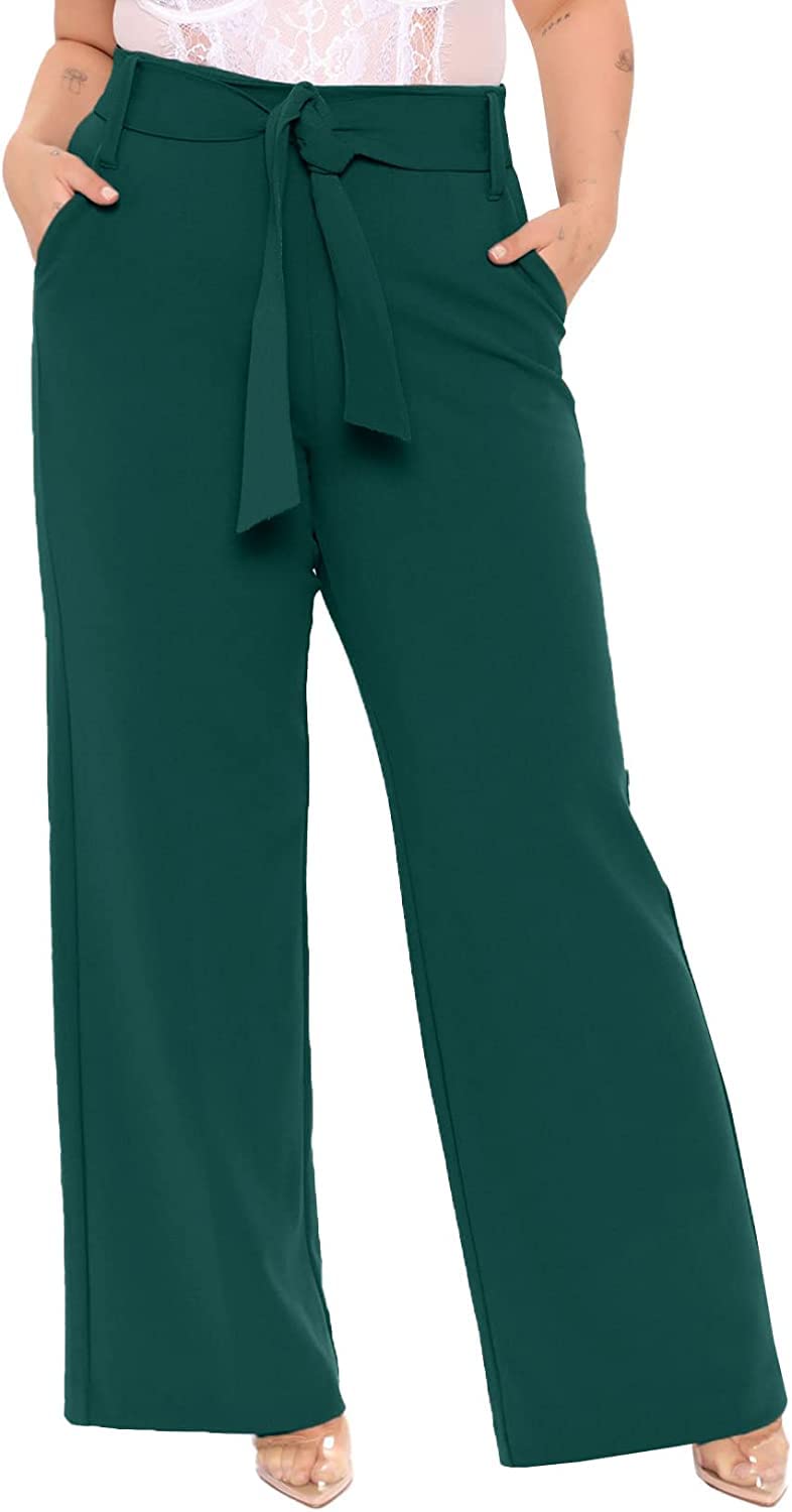 Eytino Womens Plus Size Stretch Dress Pants Comfy Wide Leg Belted Lounge Pants for Office 1X-5X