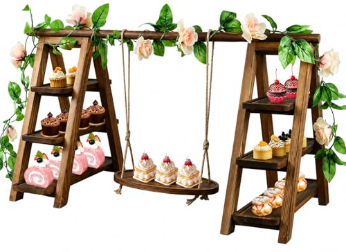 Large Wooden 3 Tier Swing Cupcake Stand with Flower Decor,