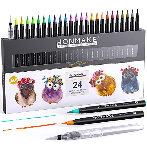 WONMAKE Watercolor Brush Pens for Kids and adults, Real Brush Pen, 24 Watercolor Painting Markers with Flexible Nylon Brush Tips for Coloring, Calligraphy and Drawing (1 Water Brush Pens for Blending)