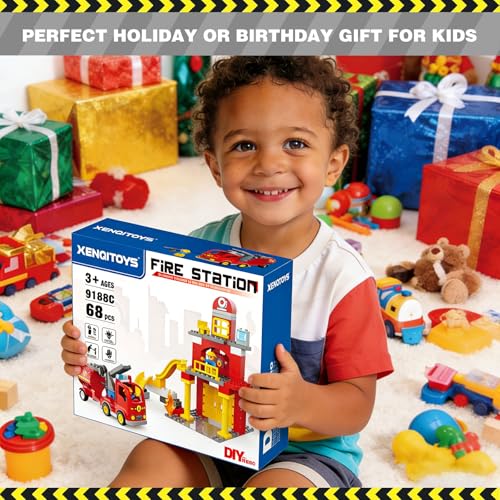 XENQITOYS Fire Station Playset, Fire Trucks for Toddlers 3-5, Firefighter Gifts, Classic Big Building Blocks Compatible with All Major Brand, Firetruck Toys 3-5 Years Old, Fire Station Toys