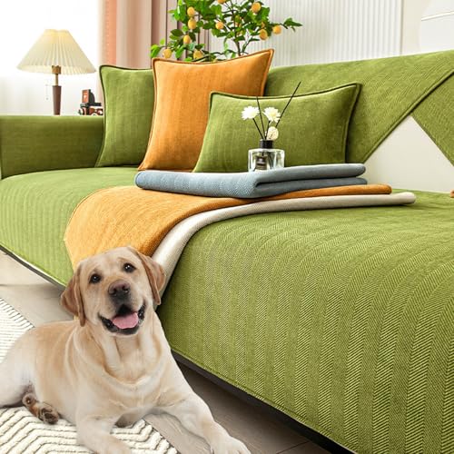 senmew Chenille Funda Sofa, Cubre Sofa Adecuado para 1/2/3/4 Plazas y Sofa Chaise Longue, Funda de Sofa Impermeable Antideslizante, Protector Sofa Gatos ArañAzo (Verde,Funda Almohada 40 * 40)
