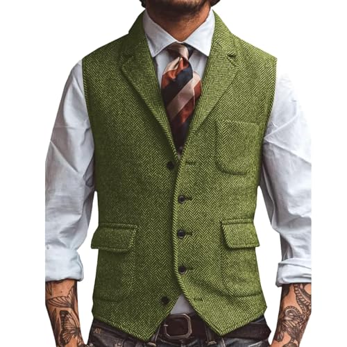 Mens Suit Vest Lapel Herringbone Tweed V Neck Waistcoat Formal Wedding Business Dress Vest