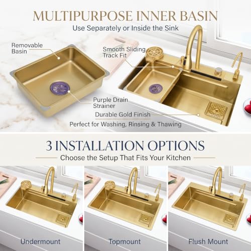 Image of InArt All-in-One Waterfall Kitchen Sink, Brushed Gold Nano Stainless Steel, Single Bowl 30 x 18 Inches, with Pull-Out Faucet, RO Tap, Glass Rinser and Drain Basket