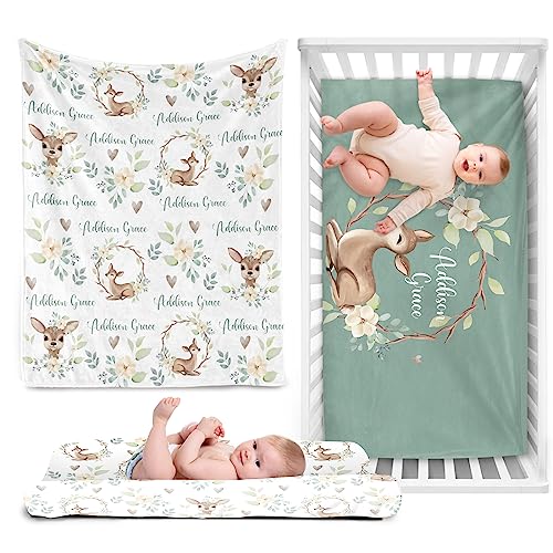 Personalized boy Crib Bedding Set for Infant Baby: Custom Name Nursery Decor Deer Green Baby Blanket Fitted Crib Sheet Changing Pad Cover 3 Pcs(Fixed Size)