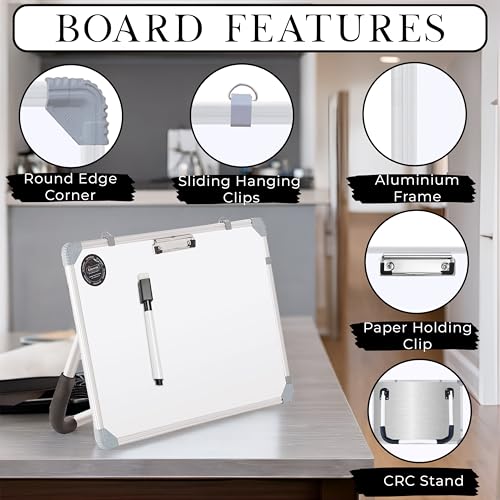 Image of Eduway Magnetic Dry Erase 1.5x1 Feet White Board with Stand | Standing Whiteboard | Table Top with Paper Clip for Study, Memo, to Do List, with 1 Cap-Duster Marker.