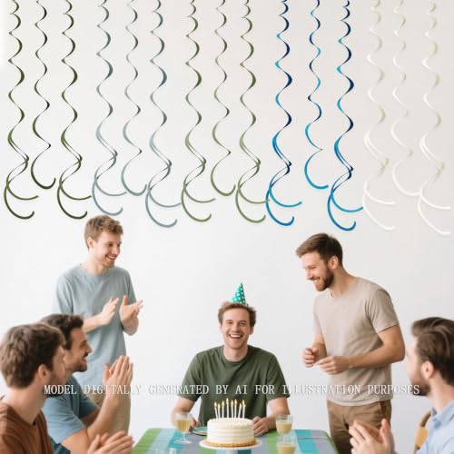 Image of 36 Pcs Sage Green Dusty Blue Hanging Swirl Decorations Blue Sage Green Felt Swirl Streamer Spiral Ceiling Garland for Birthday Retirement Wedding Safari Silly Goose Themed Party Supplies