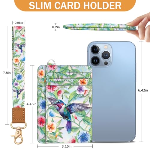 Image of Yonlevres Hummingbird RFID Wristlet Wallet Women Credit Card Holder Slim | Front Pocket, Handy, RFID Blocking, Woman Girls Ladies Gifts, D-ring for Keychain,Thin Mini Card Case, ID Window, PU Leather