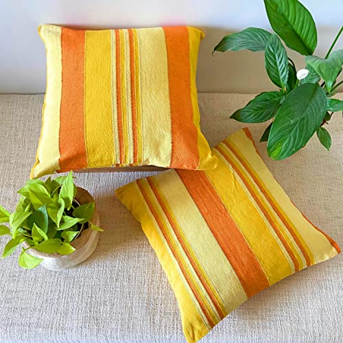 Image of RANGBHAR Handloom Cotton Cushion Covers with Concealed Top Zip, Striped /Solid Cushion Covers for Living Room, 16 x 16 inch, Yellow, Pack of 2