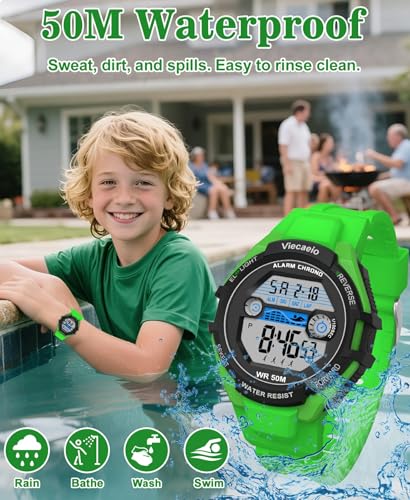Image of Kids Digital Watch for Boys Girls,2 Interchangeable Silicone Straps, 50M Waterproof & Shockproof Sports Watch with 7-Color LED Backlight, Alarm, Stopwatch, Calendar (Ages 5-18) (Black with Green)