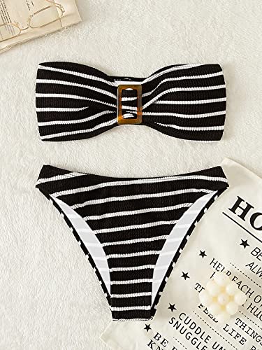Image of GORGLITTER Women's Strapless Bandeau Swimsuit High Waisted Thong Textured Bikini Set Bathing Suit