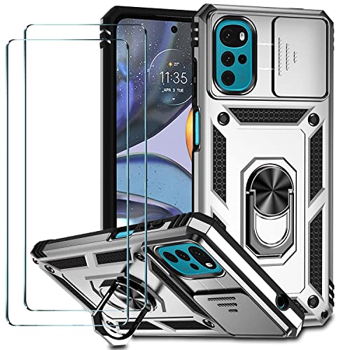 Cover per Motorola Moto G22 Custodia Originale con 2 Pellicola Salvaschermo Vetro Temperato HD Magnetico Cavalletto Protezione Fotocamera Antiurto Moto G22 Dargento