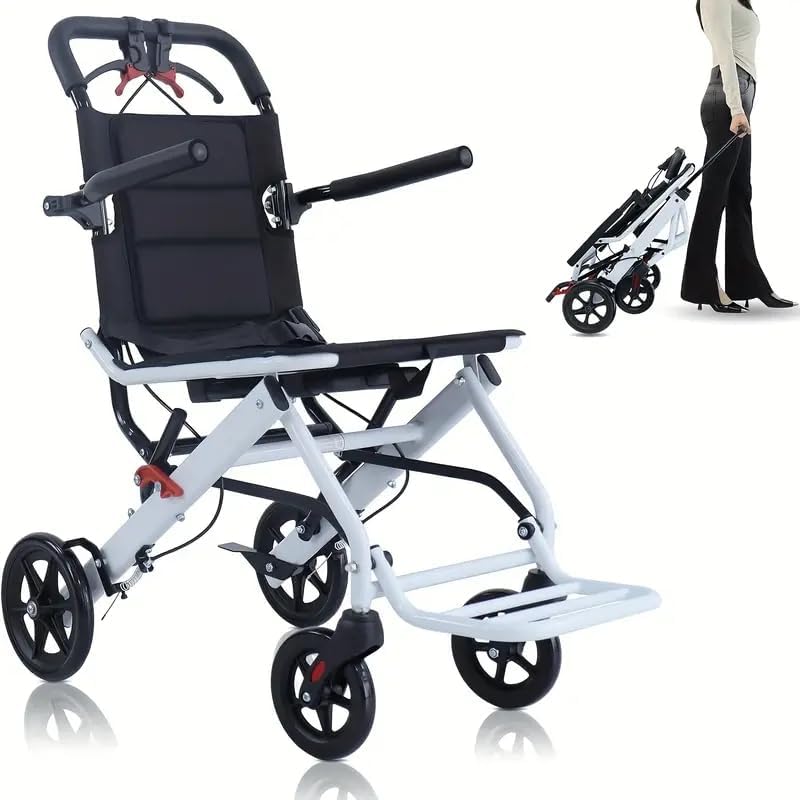 Ultra Lightweight Elderly Transport Wheelchair Weighs only 18 lbs. Portable Lightweight Folding Transport Chair, Removable Flip Armrests, with Locking Handbrake, Supports 220 lbs