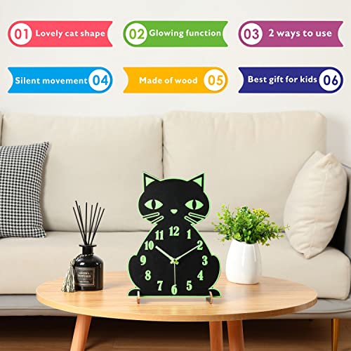 Plumeet Night Light Wall Clock For Kids, Cute Cat Wall Clocks Glow In Dark For Bedroom, Desk Wall Clock For Kids Room Decor, Silent Wood Clocks Battery Operated #TOP2