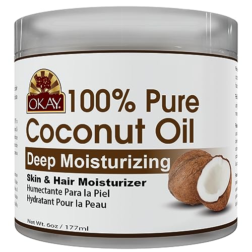 OKAY 100% Pure Coconut Oil for Hair & Skin - Coconut Oil for Women & Men, Perfect for Hair & body, Natural Massage Oil & Moisturizer - 6 fl oz Jar (Pack of 1)