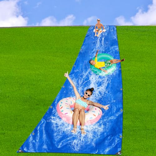 30 x 9.8 Ft Lawn Water Slide Extra Long Heavy Duty Water Slide Tarp with 24 Metal Stake and 5 Self-Adhesive Repair Patches Outdoor Water Play Slide for Summer Fun & Outdoor Water Party Activities