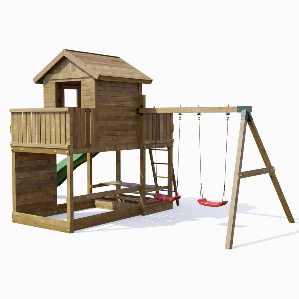 Casetta Parco Giochi in Legno da Giardino Fungoo Mars con Scivolo 2,2 m, 2 Altalene, Tavolo Picnic, Parete Arrampicata e Sabbiera – Struttura Completa per Bambini 3-10 Anni