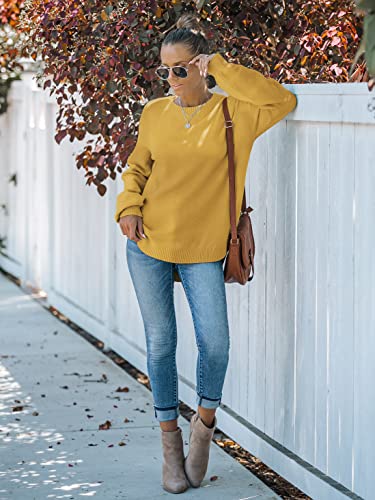Merokeety Women's Long Puff Sleeve Cozy Knit Loose Casual Round Hem Pullover Sweater Tops, Mustard, M #TOP6