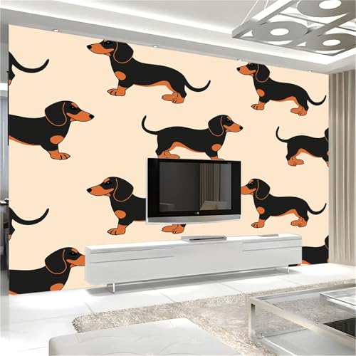 Papier peint animaux teckel 3D pour masquer les défauts d'un grand mur de séjour