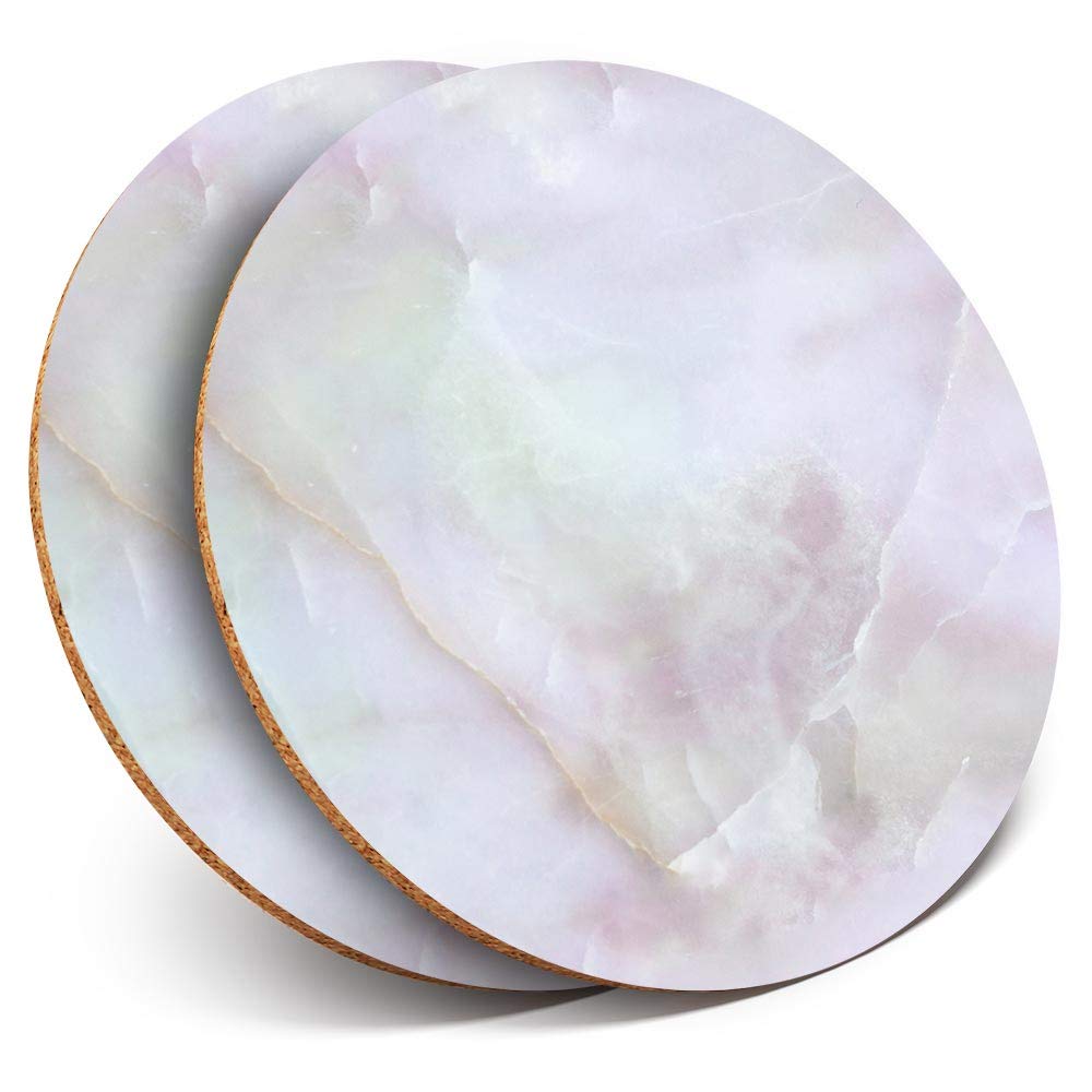 2 x Round Coasters - Natural Rose Quartz Marble Stone - Cork Backed Home Kitchen Accessory Tea Coffee Mug Mat #45836