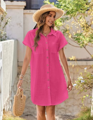 Image of Zeagoo Summer Dresses for Women 2026 Cotton Button Down Short Sleeve Tshirt Dresses Casual Mini Beach Dress