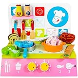 Wooden Toy Kitchen Set for Kids, Pretend Play Food Cooking Utensils Accessories Set, Montessori Toys for Toddlers Kitchen Playset with Pot Pan Spice Jar Gas Stoves Cooking Bench