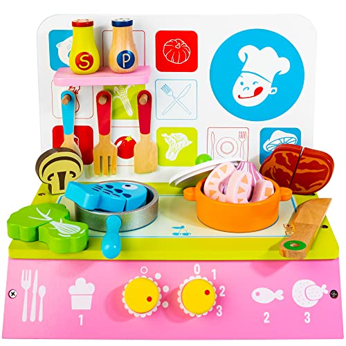 Wooden Toy Kitchen Set for Kids, Pretend Play Food Cooking Utensils Accessories Set, Montessori Toys for Toddlers Kitchen Playset with Pot Pan Spice Jar Gas Stoves Cooking Bench