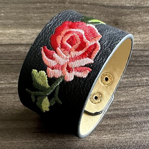 Punk Rock Flower Print Pattern Wristband Wide Leather Cuff Bracelet4