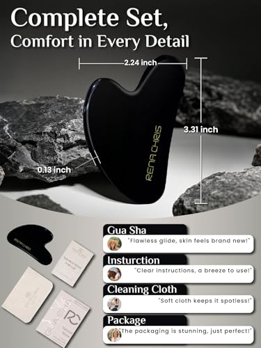 Rena Chris Obsidian Gua Sha Stein, Guasha Stein für Kieferlinien-Straffung und Reduzierung von Gesichtsschwellungen, Hautpflege-Geschenk – Schwarz 2