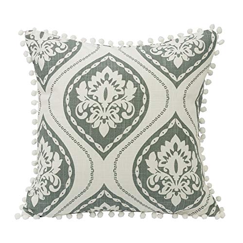 HiEnd Accents Belmont Green White Floral Pom Trimmed 18x18 Throw Pillow