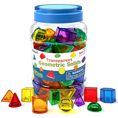 EXBEPE 3D Geometric Solids 60 Pcs for Kids Translucent Geometric Shapes for Geometry Beginnings Light Table Manipulatives Toy Math Helper School Supplies