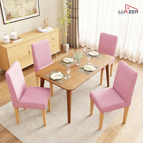 Image of Lukzer Elastic Dining Chair Cover - 2PC Pastel Pink Diamond Pattern | Textured High Stretch Jacquard Seat Cover | Removable Washable Short Dining Chair Cover Protector Seat Slipcover | (CC-154-02)