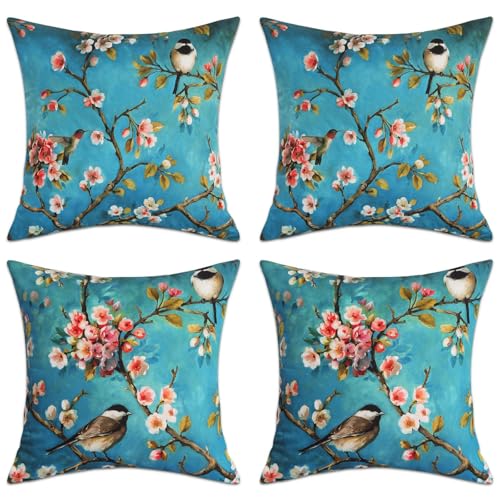 Betadistor Lot de 4 housses de coussin carrées modernes avec imprimé oiseaux bleus - 45 x 45 cm -...