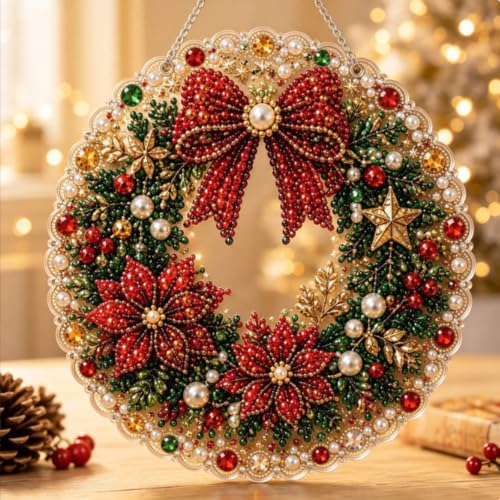 Christmas Pearl Diamond Art Hanging Ornament Kit Christmas Pearls Beads Art Craft Diamond Arts Window Suncatchers DIY ChristmasSanta Pearls Bead Painting Kit for Home Wall Decor (D#)