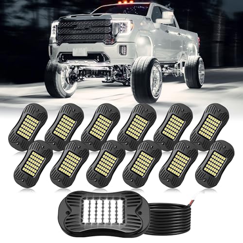 Image of SHINIGHT 12 Pods White Rock Lights 6000K Pure White Super Bright Underglow Light,10FT /3M Extension Wires Each Light,36 LED SMD Chips,Waterproof IP68,Rock Lights for Trucks UTV ATV SUV Boats