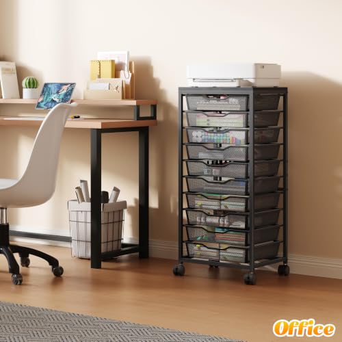 Image of 10-Drawer Rolling Storage Cart, Craft Organizers and Storage, Black | 12x12 Inch Storage Drawers for Scrapbook Paper,Classroom,Craft,Bathroom,Teacher,Office,Art,Metal Organizer Cart with wheels