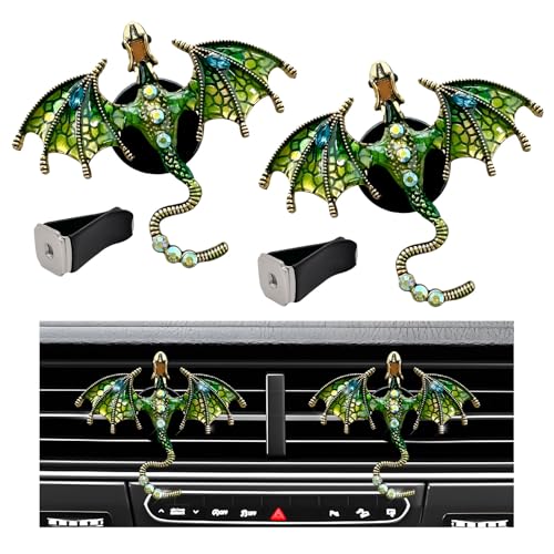 Image of 2PCS Bling Wyvern Car Air Freshener Vent Clips, Alloy Enamel Dragon Auto Outlet Clips with Fragrance Tablets, Refillable Cute Flying Dragon Crystal Vent Clip Aroma Diffuser (Green)