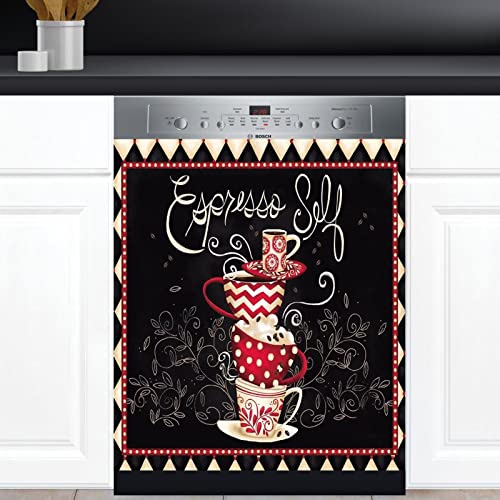 Rustikaler Geschirrspüler-Magnet, Kaffeetasse, Geschirrspüler-Abdeckung, dekorative Paneel, Türaufkleber, magnetisch, Geschirrspüler-Frontabdeckung, 58,4 x 66 cm, schwarze Textur, Café-Aufkleber Cover