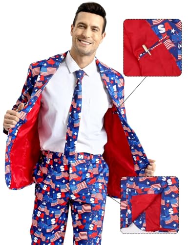 Men's 3-Piece American Flag Suits for 4th of July, Two Button Jacket & Pants & Tie & Bowtie4