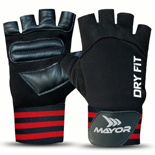 Mayor Premium Dryfit Gym Gloves for Men & Women with Wrist Support Accessories for Weightlifting, Training, Exercise, Cycling Gloves, Bike Riding Gloves, Polycotton Blend (Red/Black)