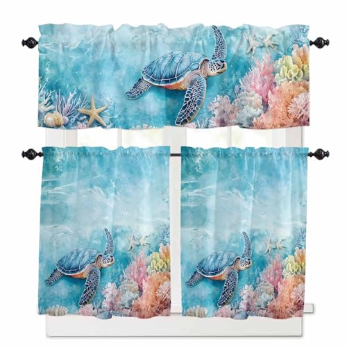 Ocean Turtle Kitchen Curtains 36 Inch Length,3 Piece Rod Pocket Small Half Tiers and Valance Set,Underwater Animals Coral Starfish Colorful Small Large Window Treatment Decor for Bedroom/Bathroom