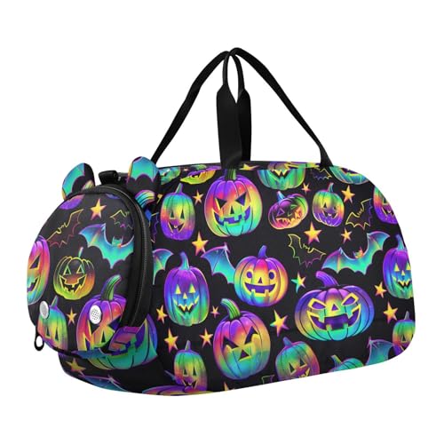 Duffle Bag for Boys or Girls with Shoes Compartment, Cartoon Pumpkins Bats Neon Sports Travel Bag Overnight