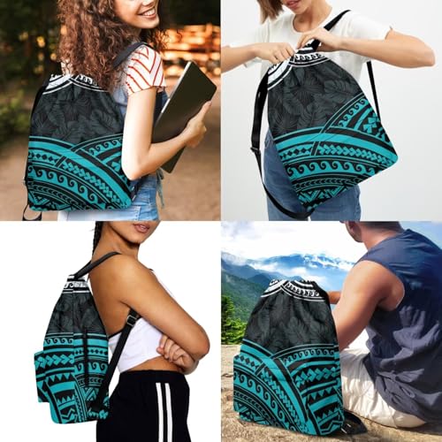 Sports Drawstring Bag and Headband Set Polynesian Texture, Lightweight GYM String Backpack with Water Bottle Holder/Side & Inner Zipper Pocket, Cinch Sackpack for Beach Pool Swim YOGA2