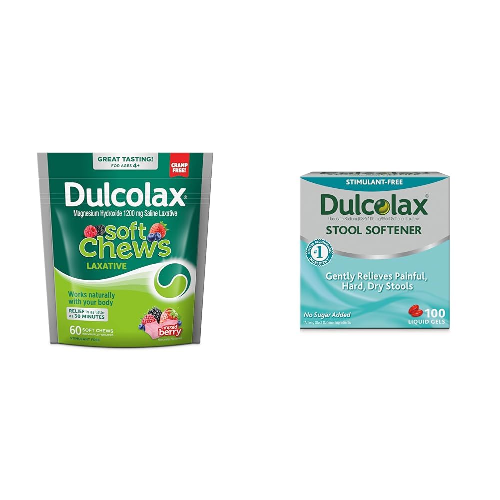 Dulcolax Soft Chews Saline Laxative Mixed Berry (60ct) 1200mg + Stool Softener Liquid Gel Capsules (100ct) 100mg