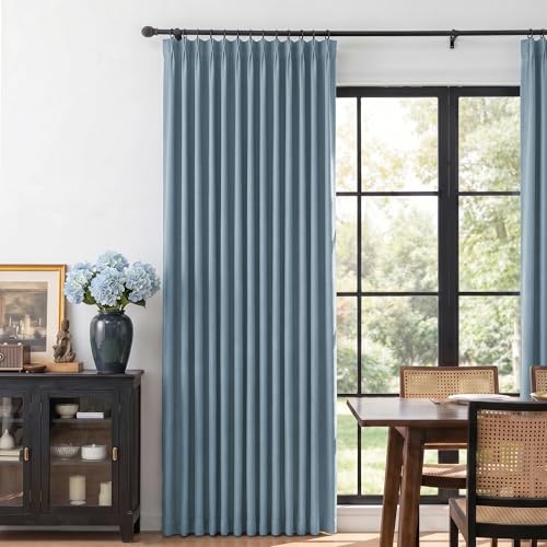 Image of MYSKY HOME Dusty Blue Full Black Out Pinch Pleated Curtains 63 inches Long for Bedroom Linen Textured with Blackout Liners Blue Gray Thermal Insulating Pleat Drapes, 40 inch Wide per Panel, 2 Pcs
