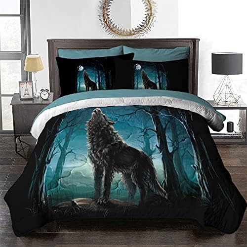 BlessLiving Moon Wolf Comforter Twin for Boy Girls Green Forest Wolf Bedding Set Twin 8 Piece Grey Wolf Bed in A Bag - 1 Comforter, 2 Sham, 1 Flat Sheet, 1 Fitted Sheet, 1 Cushion Cover, 2 Pillowcase