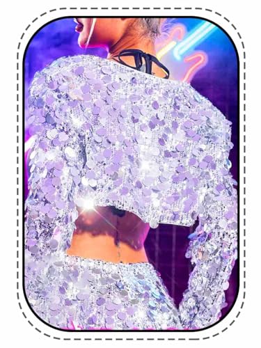 Women's Sequin Jacket Silver Sparkly Disco Top Short Open Front Coat for Party