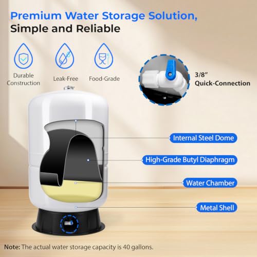 Image of iSpring 40 Gallon RO Tank, Pre-Pressurized Water Storage Tank for Reverse Osmosis RO Systems, Metal High Capacity RO Water Tank, Includes Tank Valve & Elbow, Model: T40M