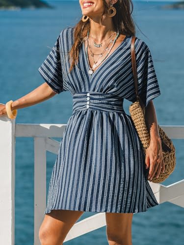 Image of CUPSHE Women Summer Dress Striped V Neck Smocked Waist Front Buttons Sun Dress Casual Vacation Beach Short Mini Dress