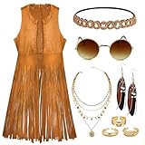 FEYIR 60s 70s Outfits for Women Hippie Disco Costume Boho Fringe Vest Clothes for Halloween Party Hippie Accessories Set