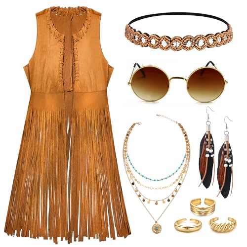 FEYIR 60s 70s Outfits for Women Hippie Disco Costume Boho Fringe Vest Clothes for Halloween Party Hippie Accessories Set